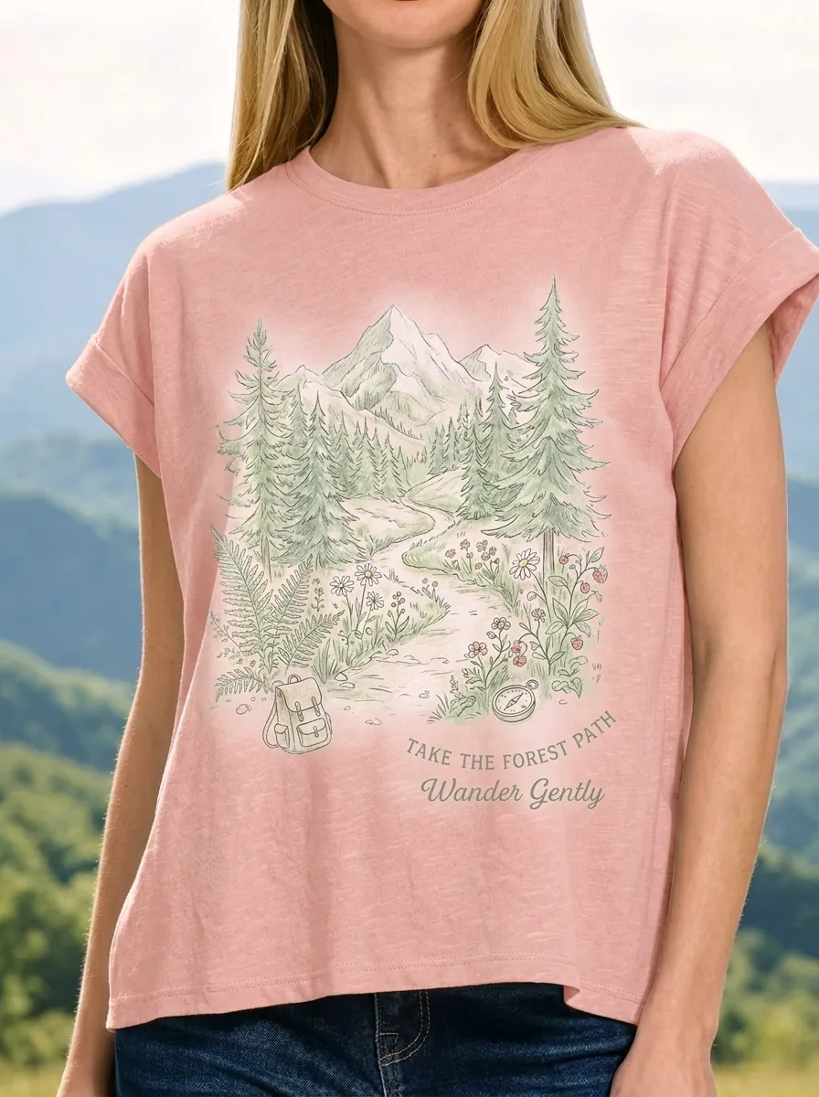 Women's Nature Hiking Lover Mountain Forest Path Printed T-shirt
