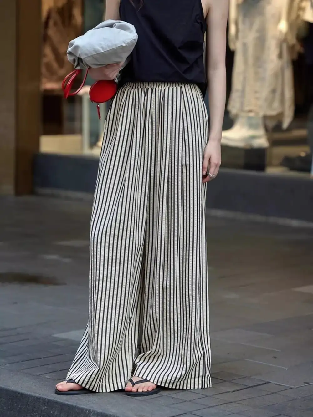 Full Size Striped Drawstring Waist Wide Leg Pants Plus Size