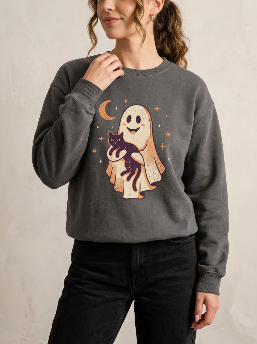 Women's Halloween Ghost Cat Moon Stars Printed Sweatshirt