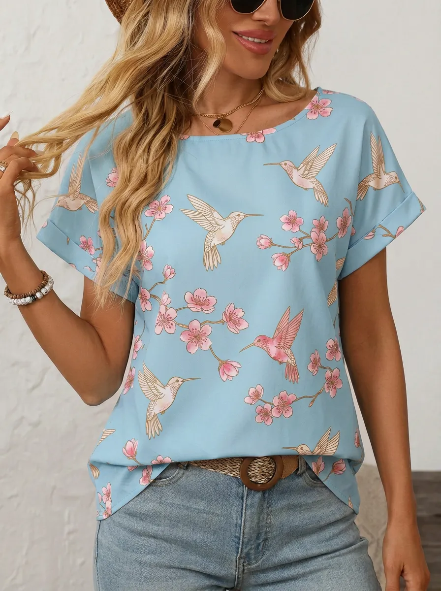 Hummingbird Cherry Blossom Women's Loose Printed T-Shirt