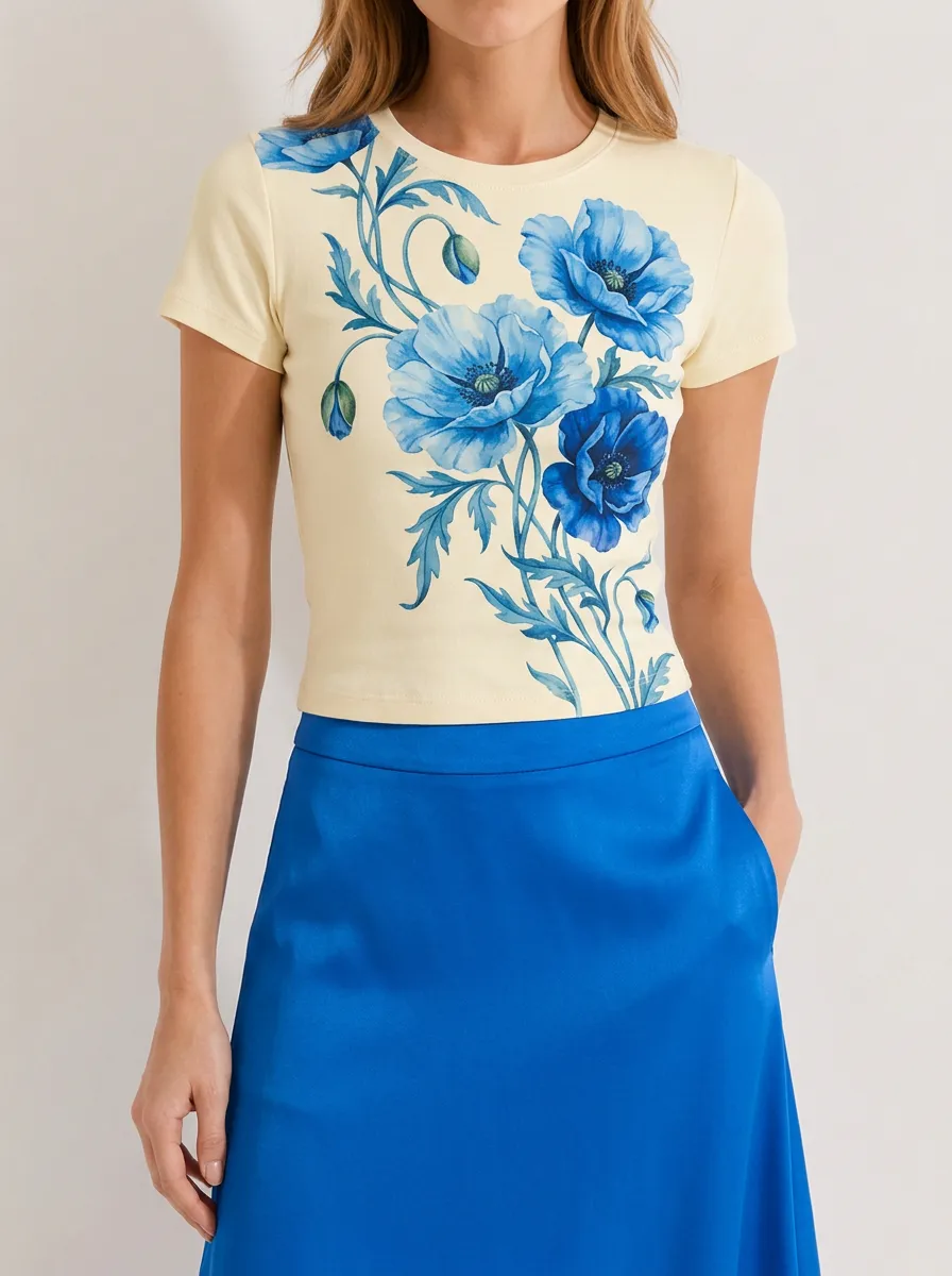 Women's Floral Lover Blue Poppy Printed T-shirt