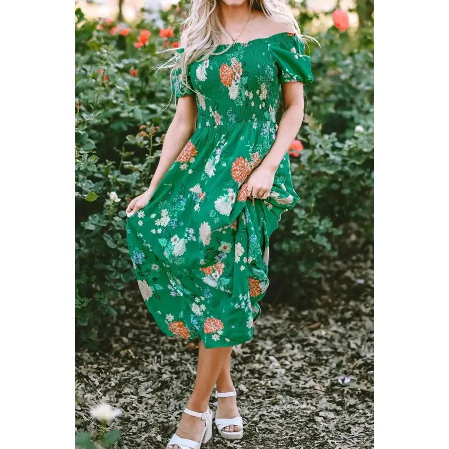 Bubble Sleeve Smocked Tiered Midi Dress