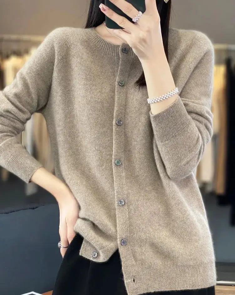 Refined Wool Button-Front Round-Neck Cardigan