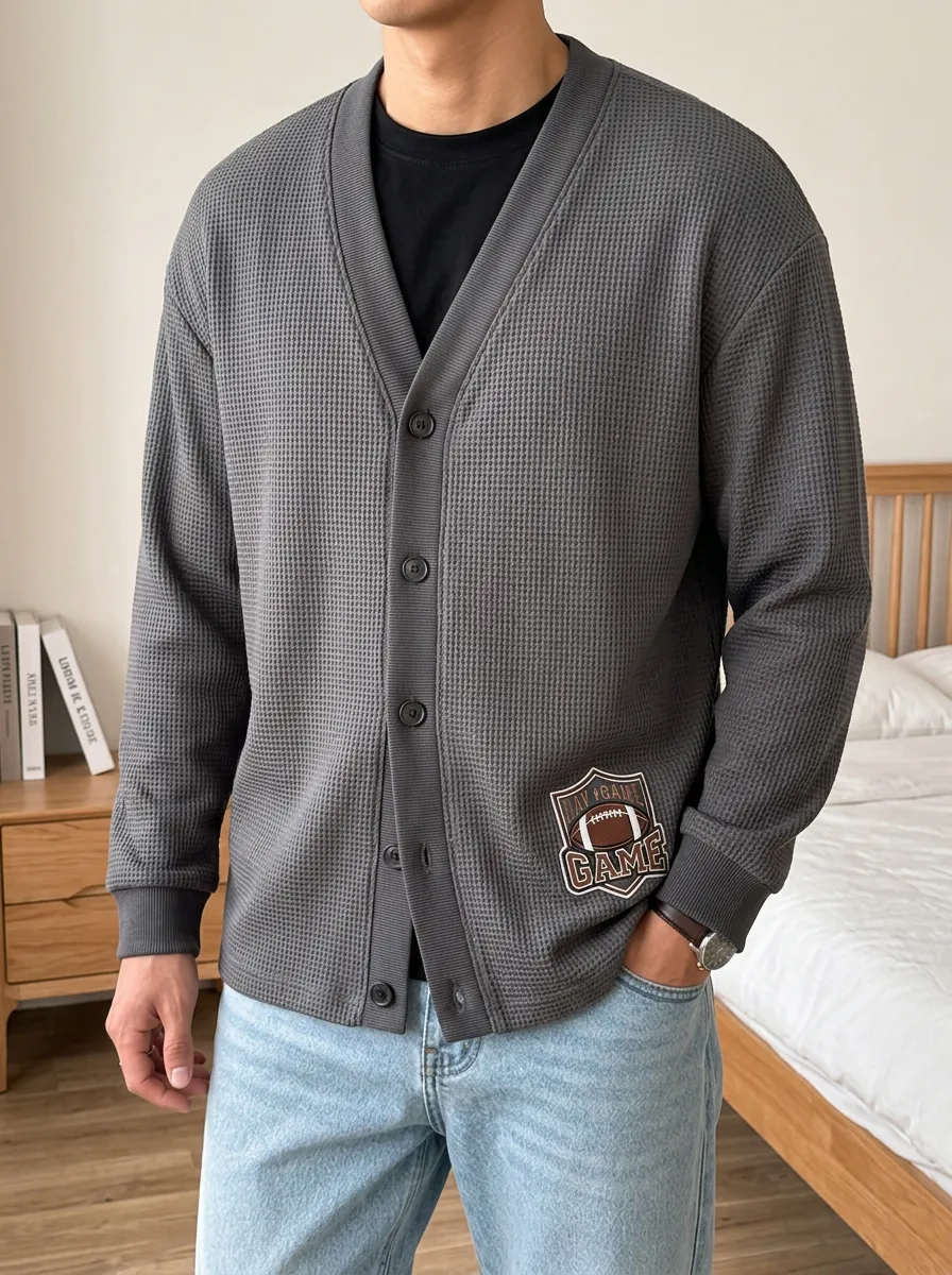 Men's Football Game Shield Printed Waffle Knit Cardigan