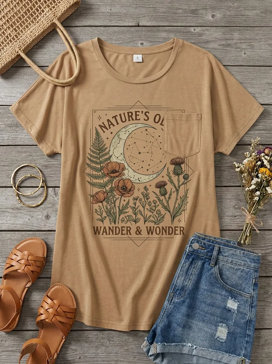 Nature Moon Floral Wander Wonder Pocket T-Shirt