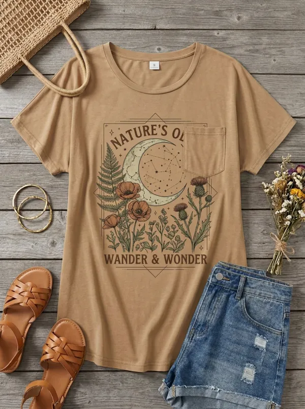 Nature Moon Floral Wander Wonder Pocket T-Shirt