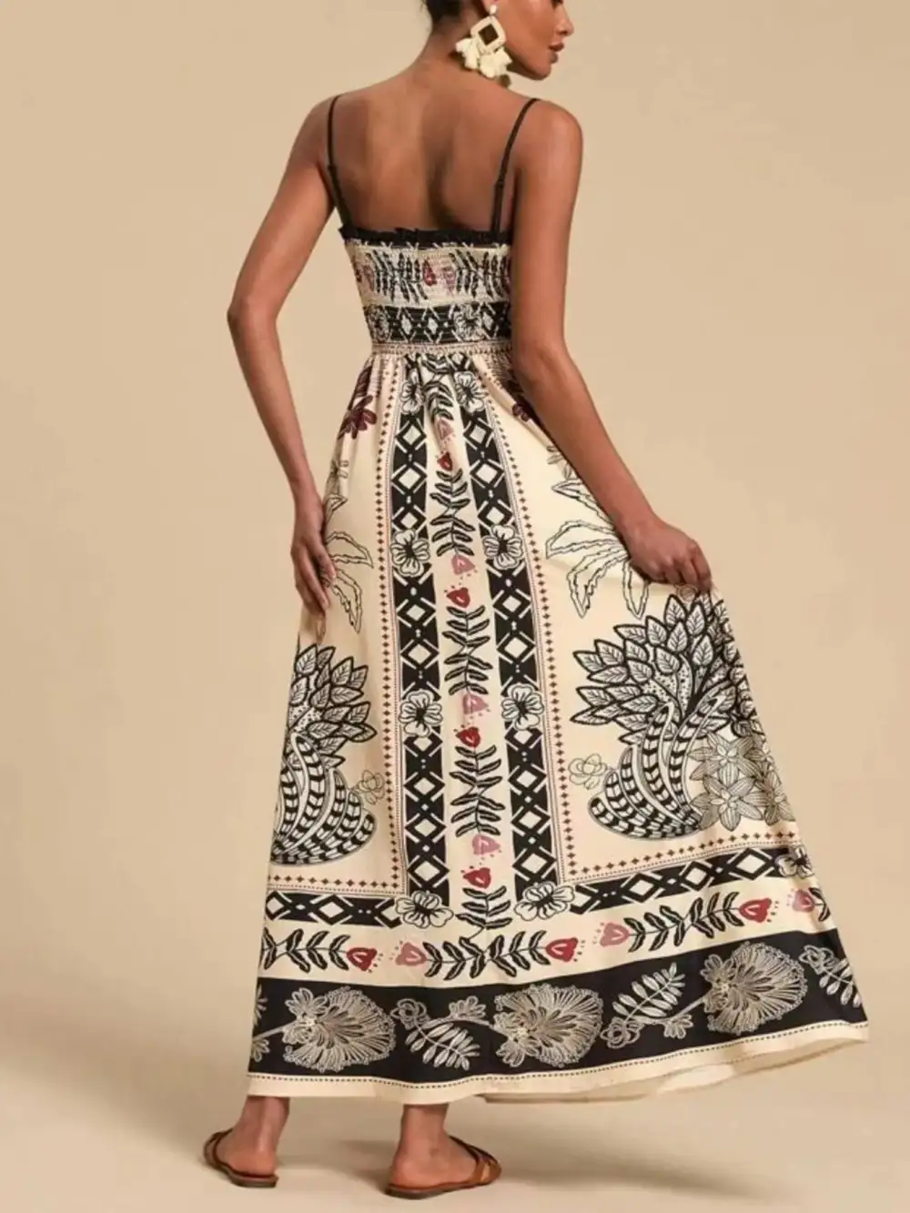 Smocked Spaghetti-Strap Printed Maxi Dress