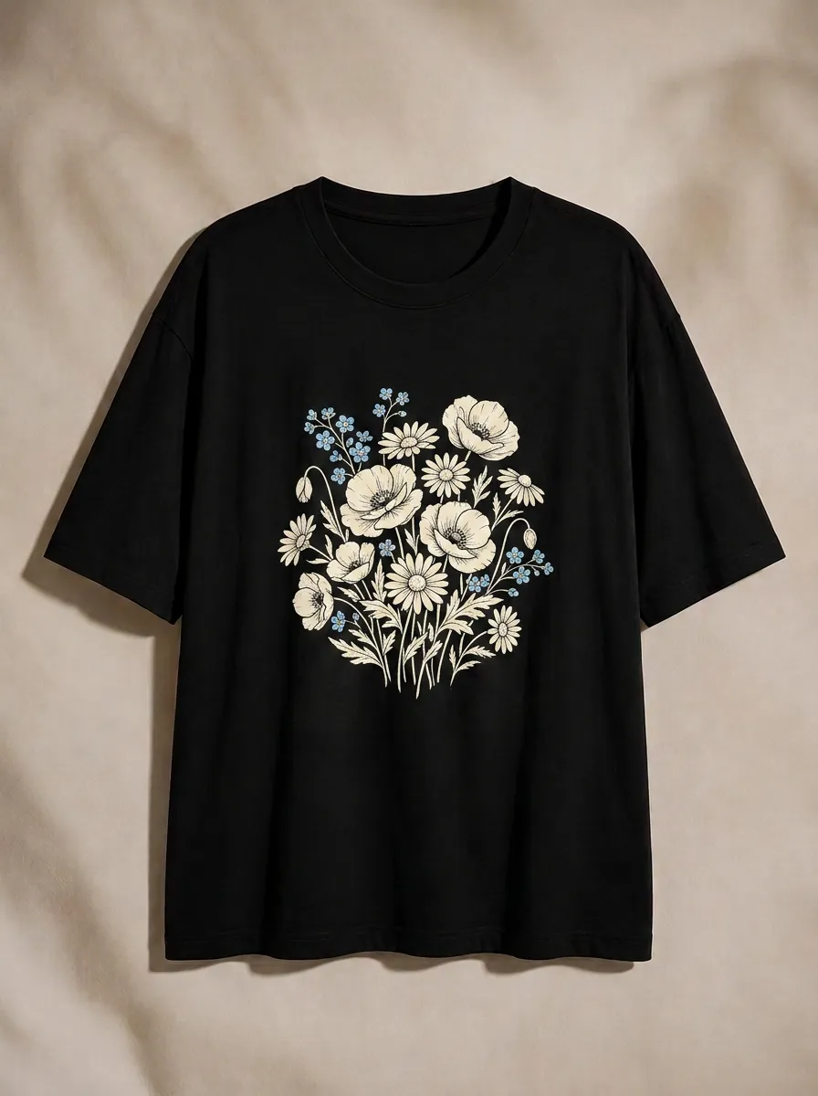 Women's Botanical Nature Lover Poppy Daisy Floral Printed T-shirt