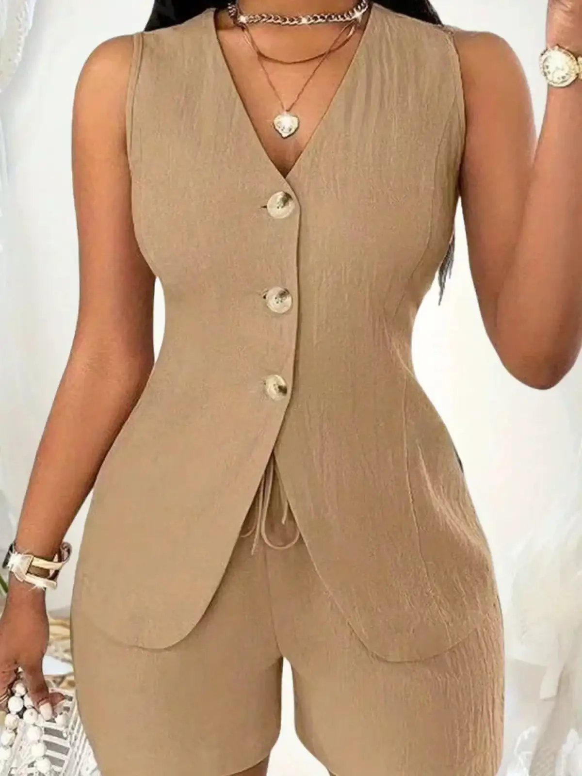 Drawstring Pocketed Vest and Shorts Matching Set