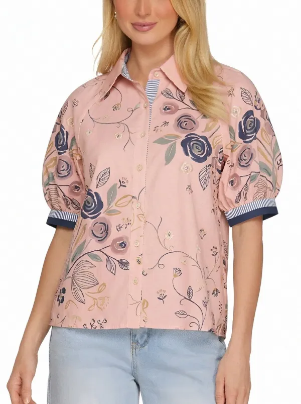 Women's Floral Lover Vintage Rose Printed Puff Sleeve Shirt