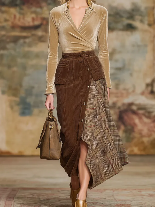 Patchwork Corduroy Plaid Skirt