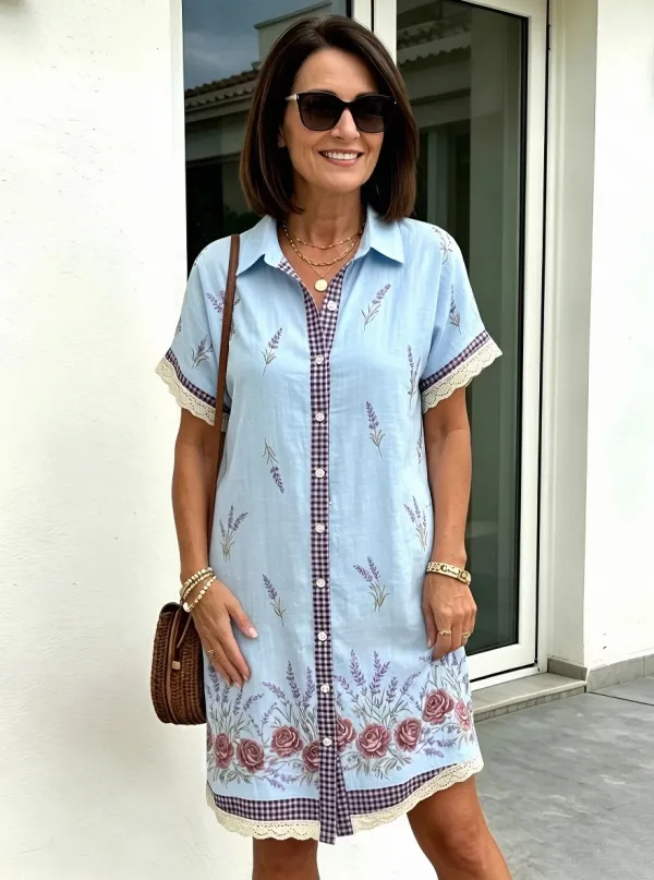 Women's Summer Vacation Lavender Floral Gingham Printed Shirt Dress