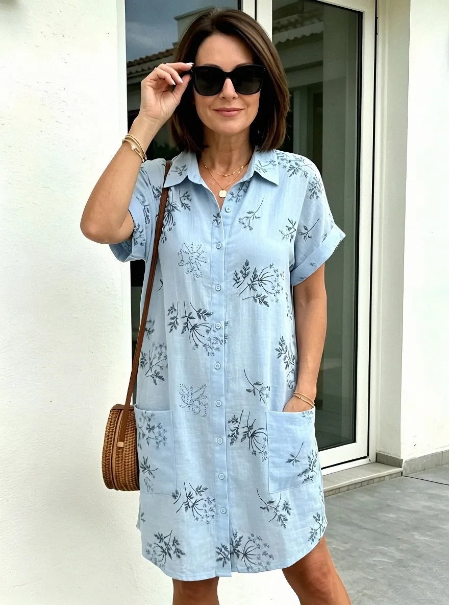 Women's Summer Vacation Floral Botanical Printed Shirt Dress