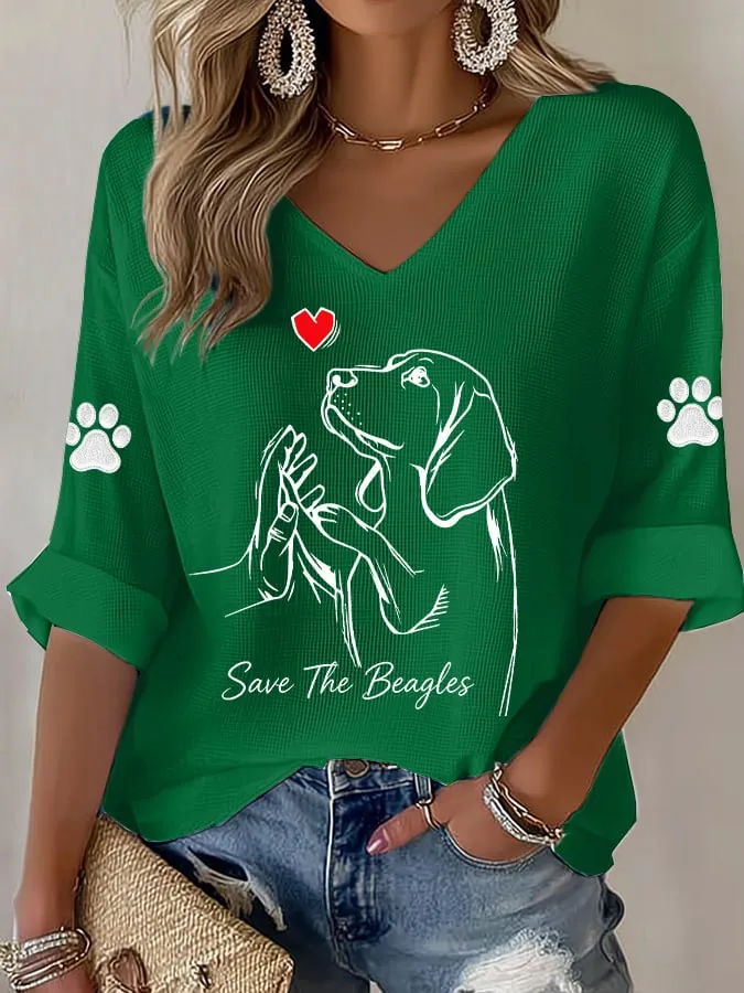 Women's Save The Beagles Print V Neck Top