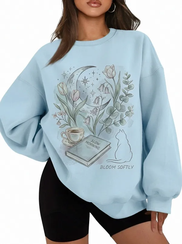 Women's Book Lover Moon Cat Floral Printed Sweatshirt