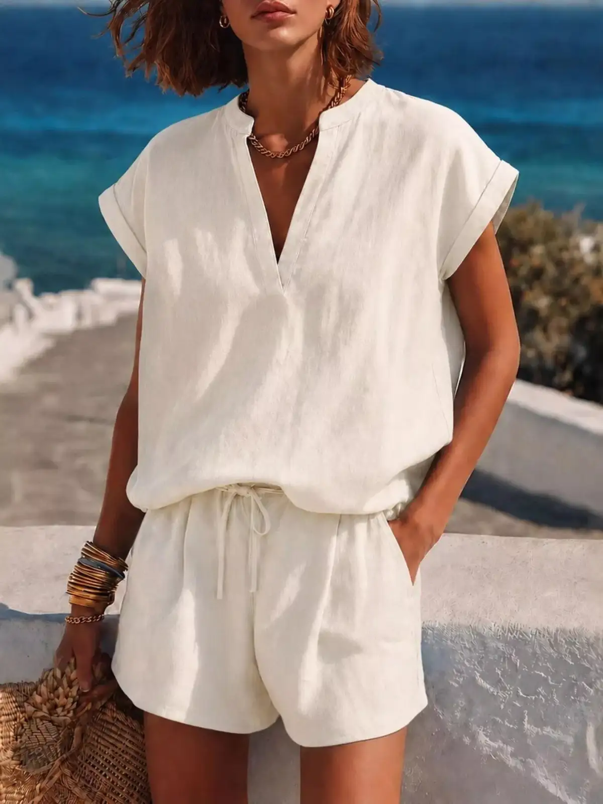 Refined Drawstring Pocketed Top and Shorts Matching Set