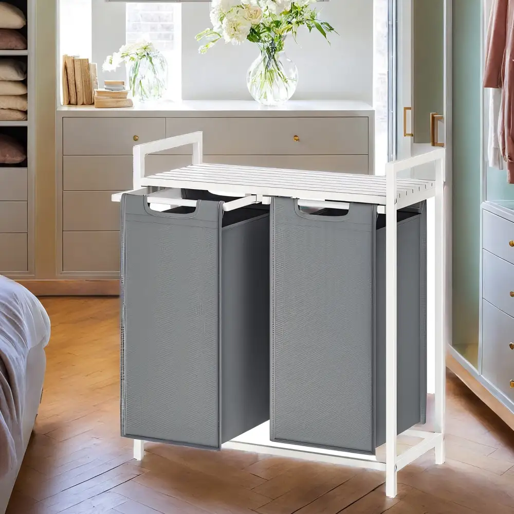 Double Compartment Removable Liner Shelved Laundry Storage Basket