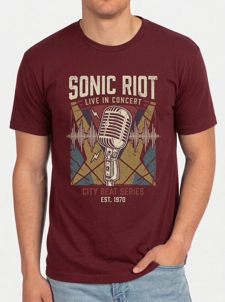 Men's Music Lover Vintage Microphone Sonic Riot Printed T-shirt