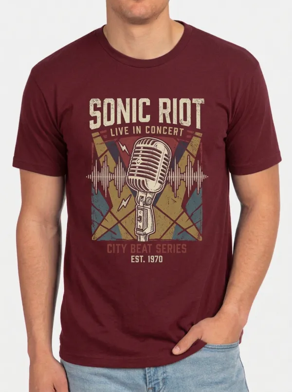 Men's Music Lover Vintage Microphone Sonic Riot Printed T-shirt