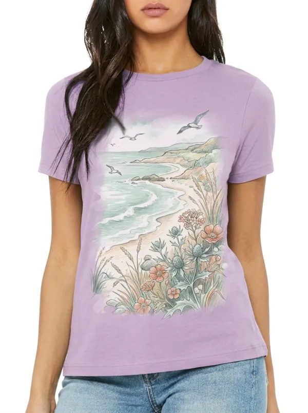 Women's Coastal Beach Seagull Wildflower Printed T-shirt