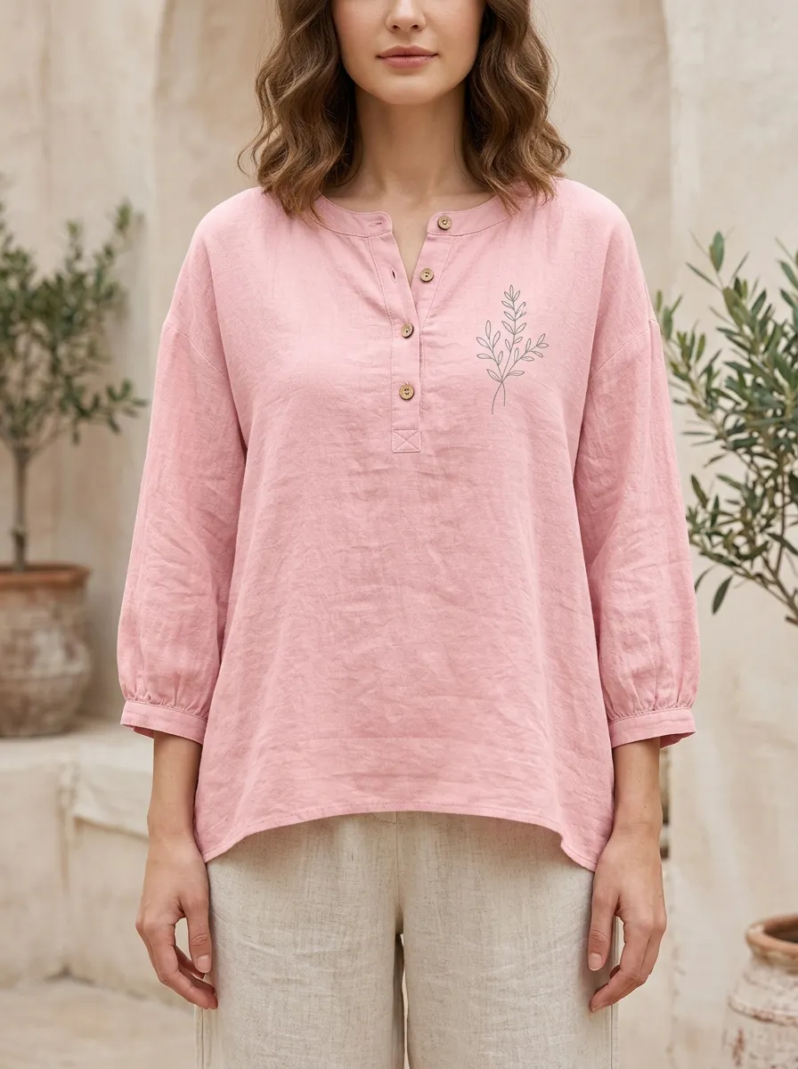 Women's Botanical Minimalist Leaf Printed Henley Cotton And Linen Top