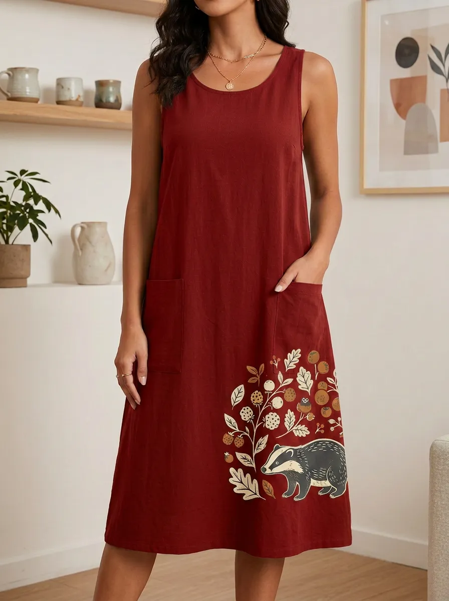 Women's Nature Lover Badger and Berries Printed Tank Dress