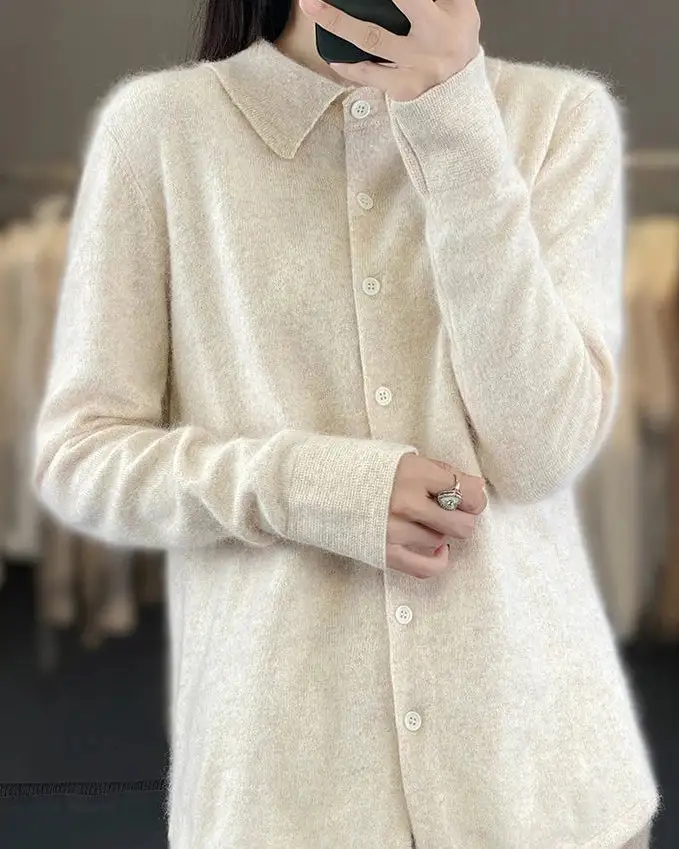 Mink-Cashmere Cashmere Button-Front Polo-Collar Cardigan