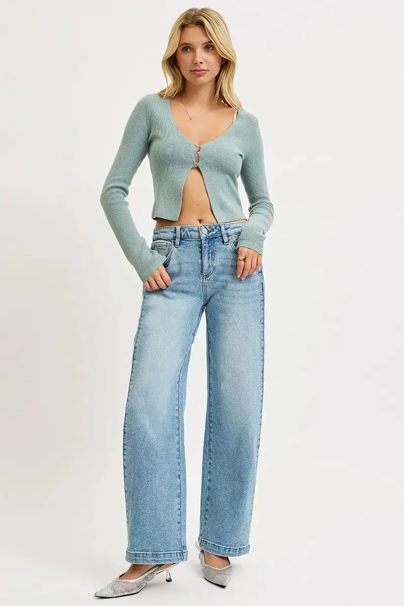 Denim Mid Rise Barrel Leg Pocketed Jeans