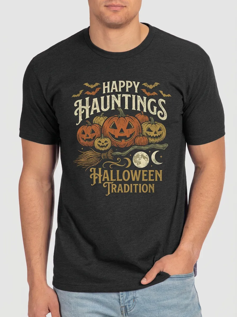 Men's Halloween Pumpkin Moon Bat Printed T-shirt