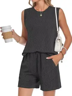 Pocketed Ribbed Top and Shorts Matching Set
