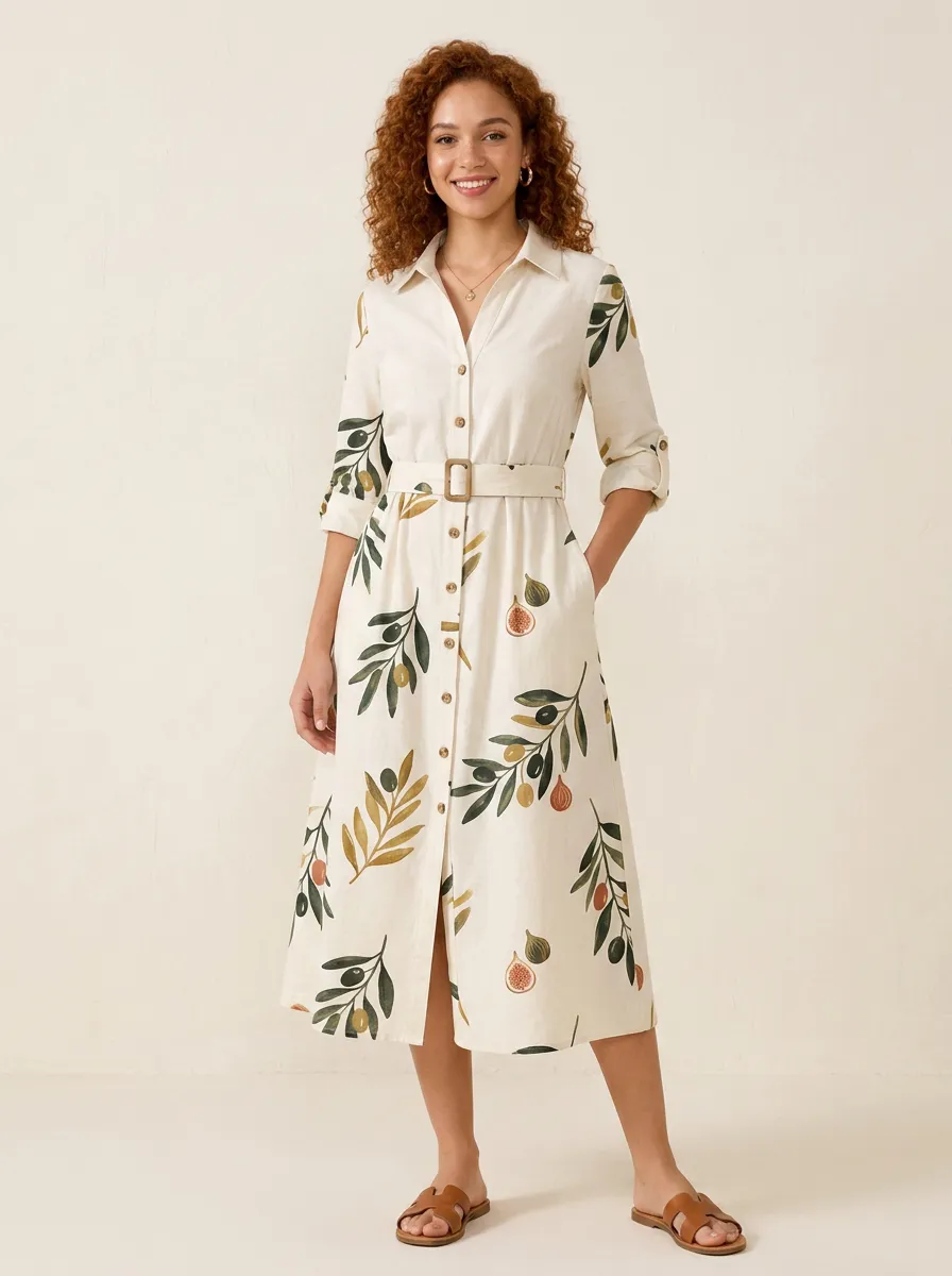 Women's Mediterranean Olive and Fig Printed Shirt Dress