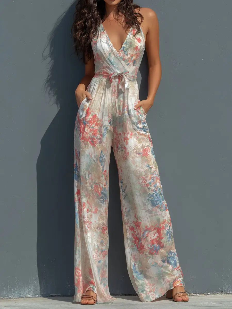 Boho Resort Floral Satin Halter Wrap Front Wide-Leg Jumpsuit