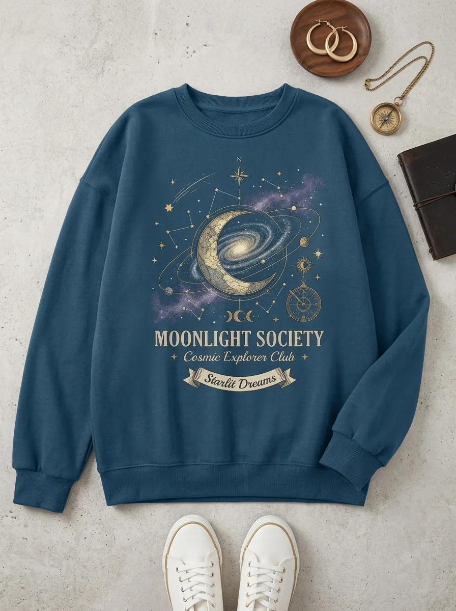 Women's Celestial Moon Galaxy Moonlight Society Printed T-shirt