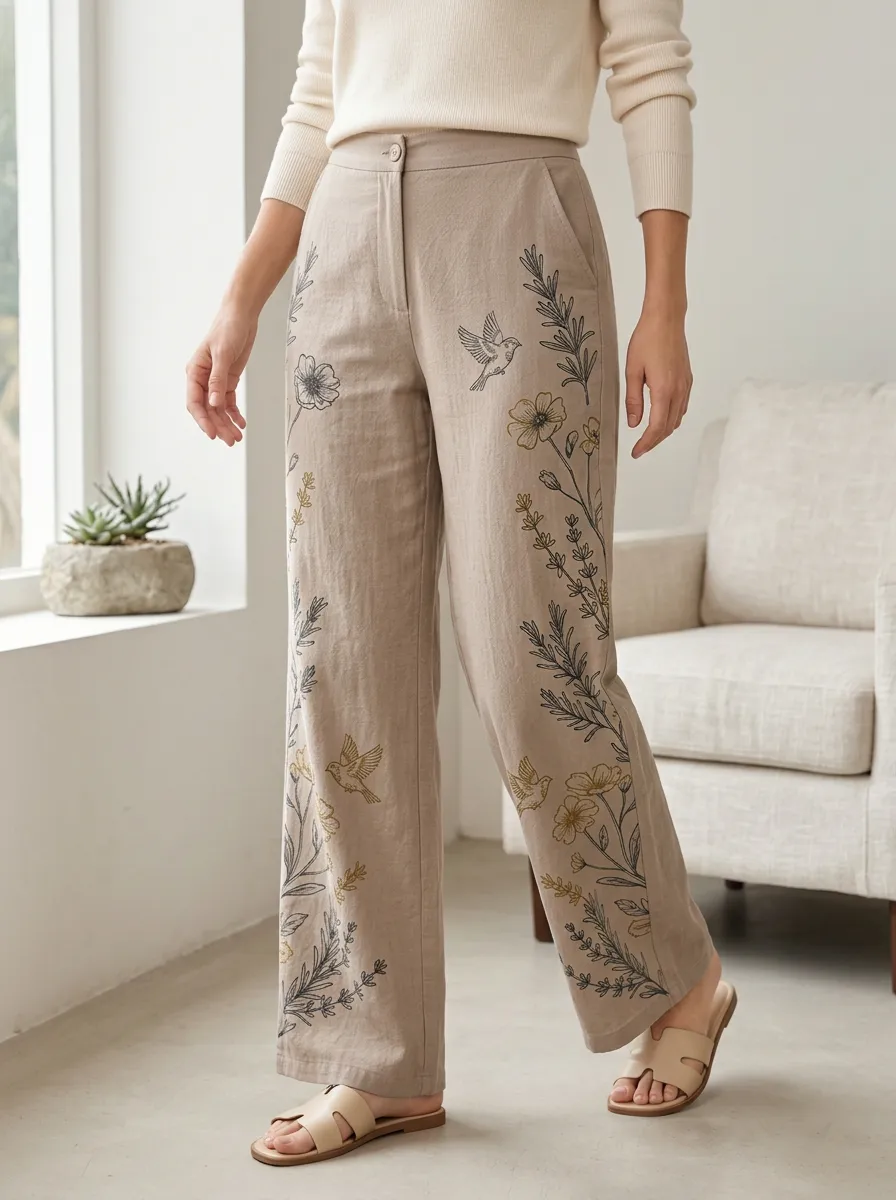 Women's Botanical Bird Floral Printed Wide Leg Pants
