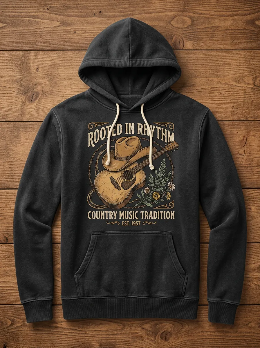 Nashville-Inspired Guitar Cowboy-Hat Country Music Graphic Hoodie