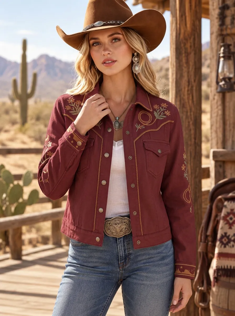 Women's Desert Inspired Western Cowgirl Floral Embroidery Floral Embroidered Denim Jacket