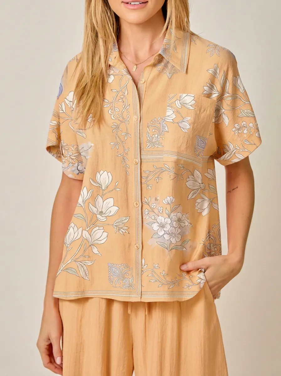 Women's Peach Floral Botanical Printed Button Down Shirt