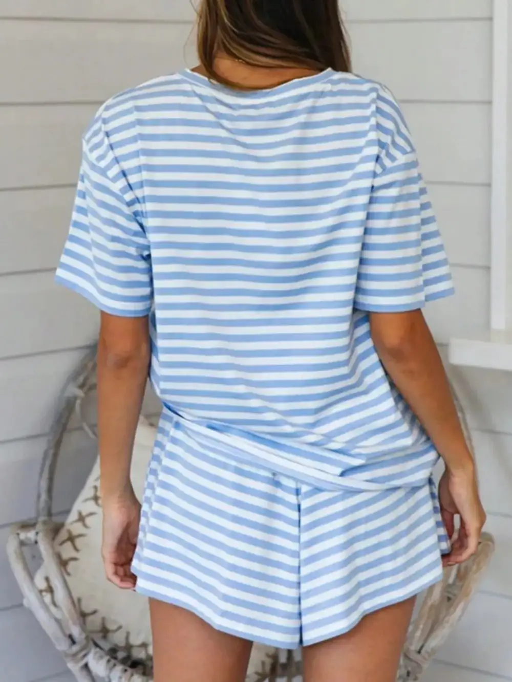 Striped Short Sleeve Tee Drawstring Shorts Set