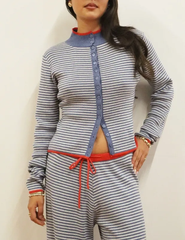 Blue Cotton Blend Relaxed Button Detail Top