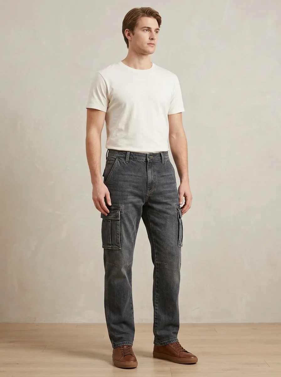 Men's Casual Utility Washed Black Denim Cargo Pants
