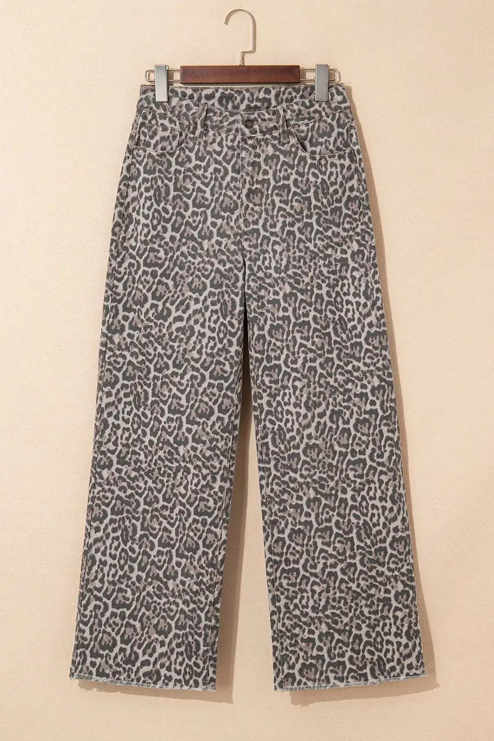 Denim Leopard Print High Rise Wide Leg Jeans