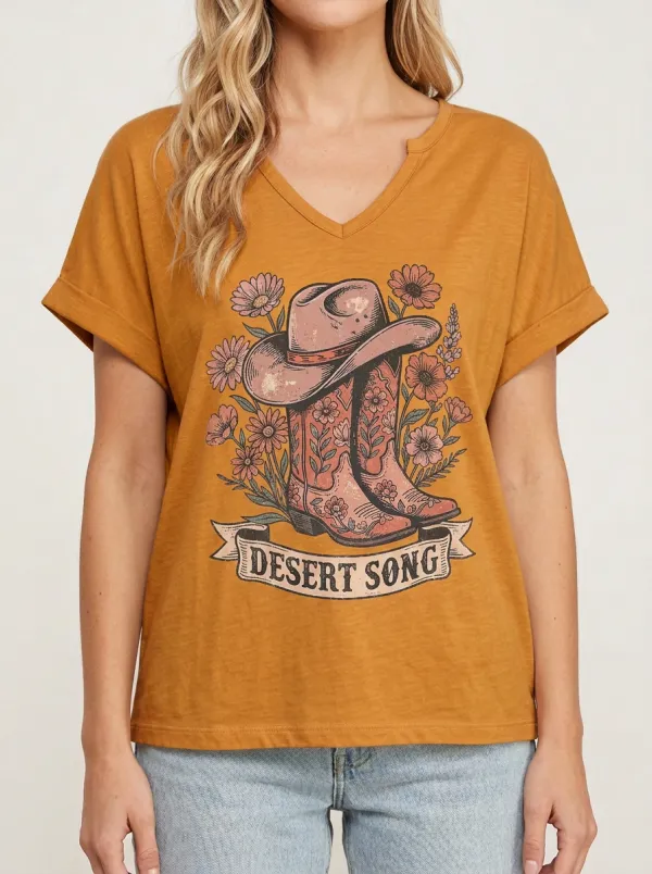 Cowboy-Boot Floral Desert Desert-Song Western V-Neck T-Shirt