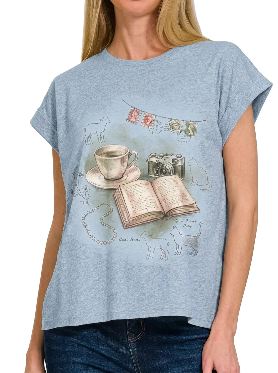 Women's Vintage Aesthetic Book Coffee Camera Printed T-shirt