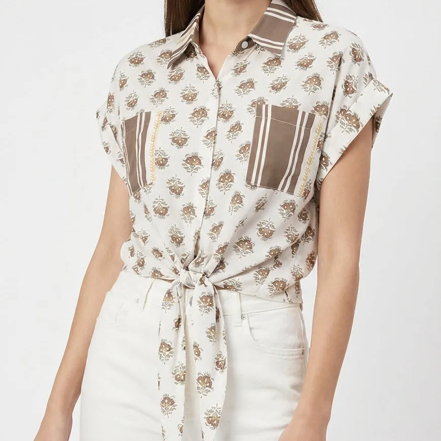 Refined Short Sleeve Floral Print Straight Fit Stand Collar Button Shirt