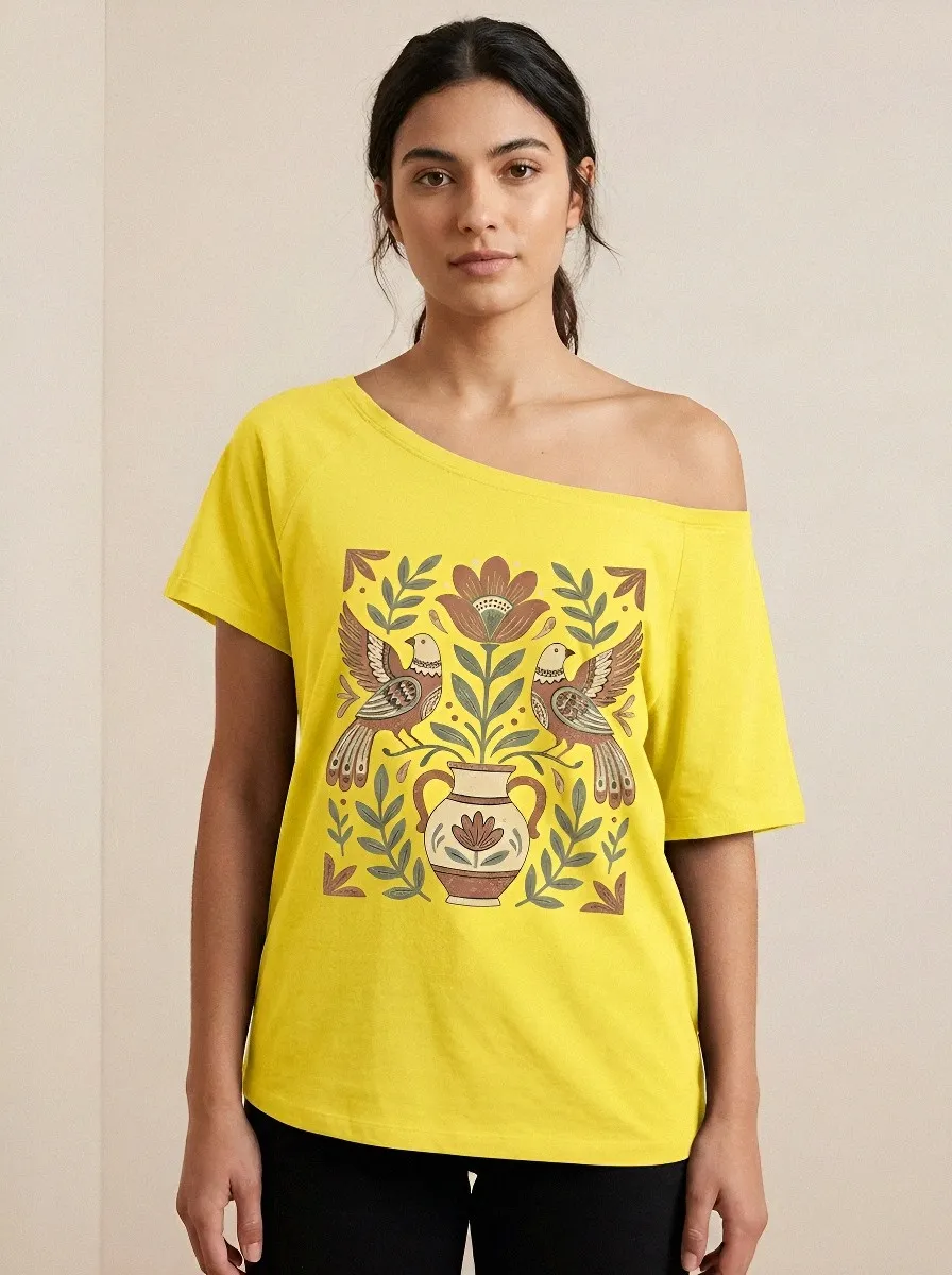 Women's Folk Art Bird and Floral Vase Printed T-shirt