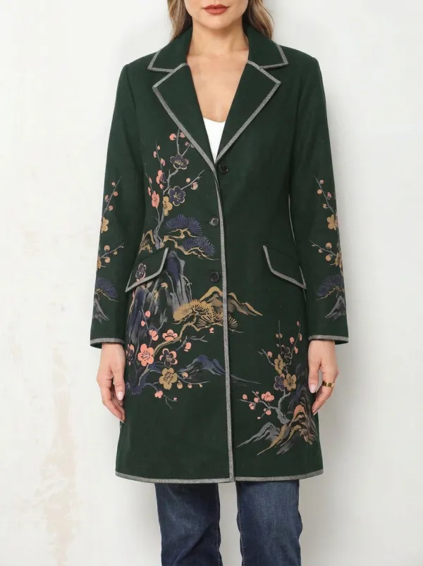 Women's Oriental Floral Mountain Landscape Printed Blazer Coat