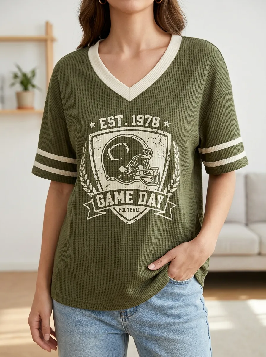 Women's Football Game Day Helmet Printed Waffle Knit V-Neck Top