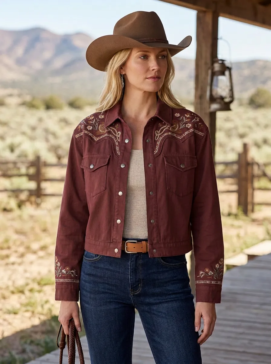 Women's Classic Western Cowgirl Floral Embroidery Floral Embroidered Denim Jacket