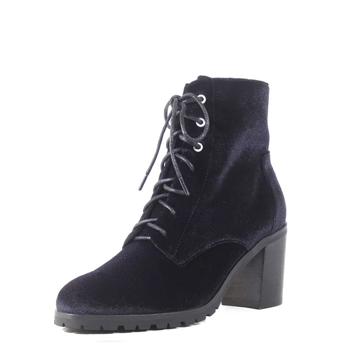 Velvet Lace Up Lug Sole Ankle Boots