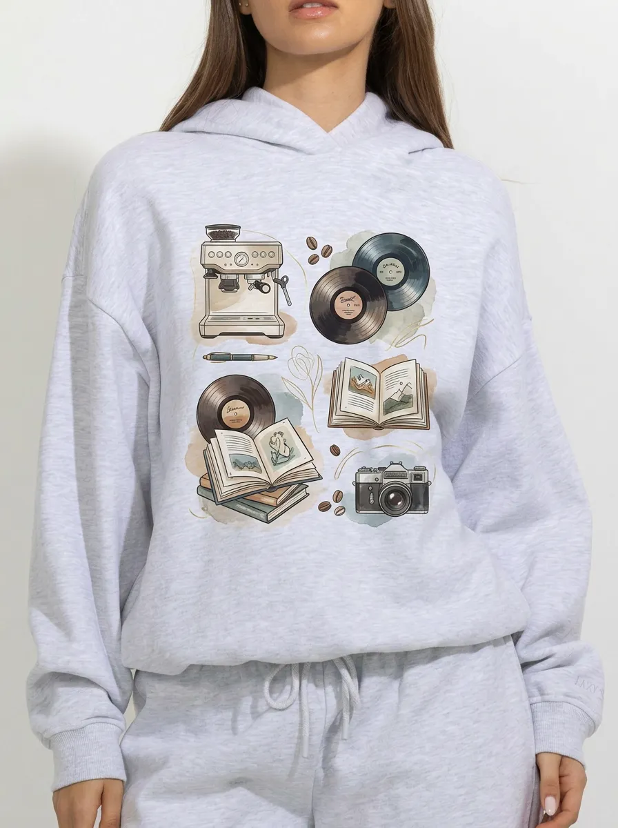 Women's Coffee Vinyl Book Camera Aesthetic Printed Hoodie